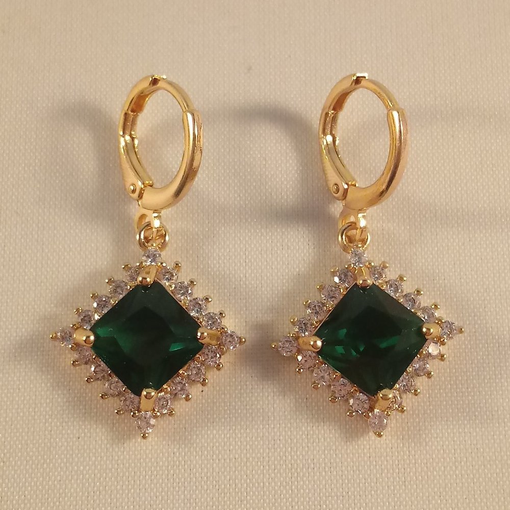 18K Yellow Gold Filled Emerald Diamond Zircon Square Dangle Earrings 1.96ctw ea.